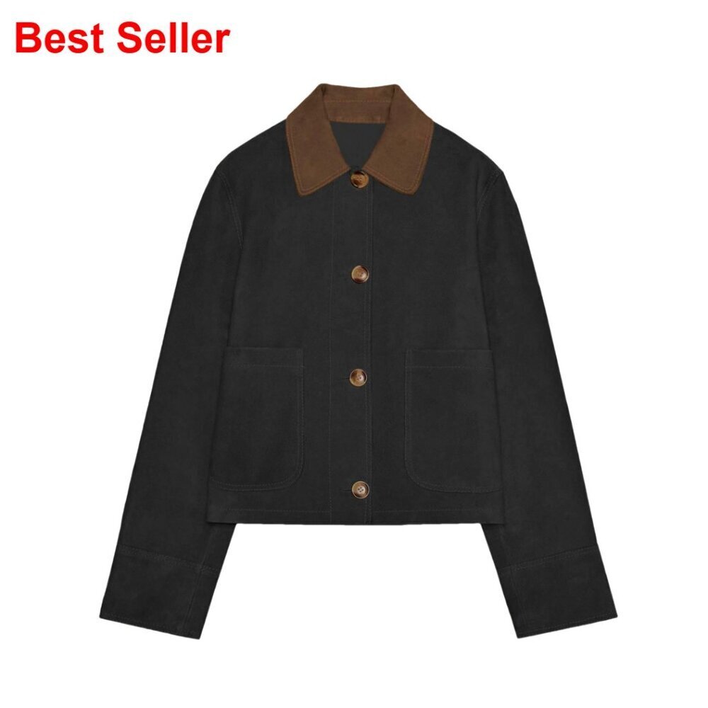 Faux Suede Lapel Collar Jacket Long Sleeve Button Down with Pockets
